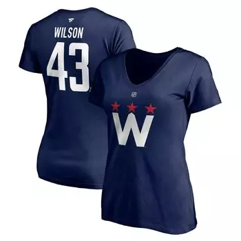 Женская футболка Fanatics с фирменным логотипом Tom Wilson Navy Washington Capitals 2020/21, альтернативное аутентичное имя и номер стека, футболка с v-образным вырезом Fanatics