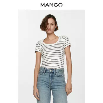 Женская футболка Mango полосатая хлопковая, синий