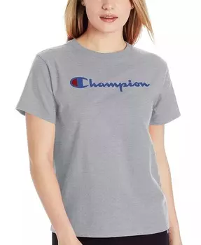 Женская хлопковая классическая футболка с круглым вырезом и логотипом Champion, серый
