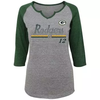 Женская юниорская футболка Aaron Rodgers Heathered Grey/Green Green Bay Packers Over the Line Имя и номер игрока Футболка Tri-Blend с рукавами 3/4 и V-образным вырезом Outerstuff