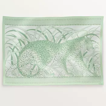 Женский платок Cartier Foulard rectangulaire Panthre in the jungle, хлопок и шелковая саржа цвета шалфея