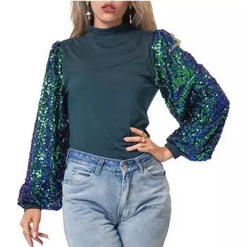 Женский пуловер с длинными рукавами и воротником-стойкой с пайетками Anna-Kaci, зеленый