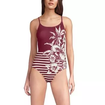 Женский слитный купальник с тонкими бретельками Lands' End, цвет burgundy tropic strp