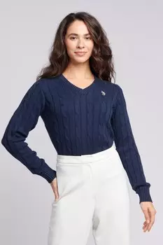 Женский свитер с v-образным вырезом косой вязки U.S. Polo Assn, синий