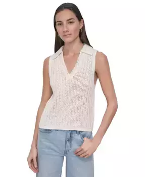 Женский вязаный пуловер без рукавов с кружевным воротником Lacey Stitch DKNY Jeans, белый