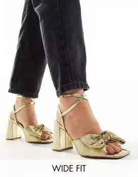 Золотые босоножки на среднем каблуке с бантом ASOS DESIGN Wide Fit