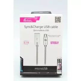 Кабель micro-USB (CA-101) Partner 2.1A в металлической оплетке серебристый