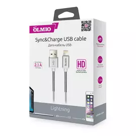 Кабель USB IPhone 5/IPad mini Lightning Olmio 2.1A LED серый