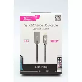 Кабель USB IPhone 5/IPad mini Lightning Partner 2.1A в металлической оплетке серый