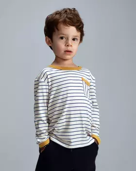 Детский лонгслив в полоску Unisex, из района, светло-бежевый, синяя полоска