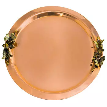 Поднос круглый с накладками Кольчугинский мельхиор Бабочки медный