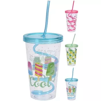 Стакан с крышкой и соломкой 450 мл Excellent Houseware Лето в ассортименте