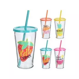 Стакан с соломкой и крышкой 450 мл в ассортименте