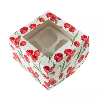 Коробка для 4 капкейков с окном "Красные тюльпаны"