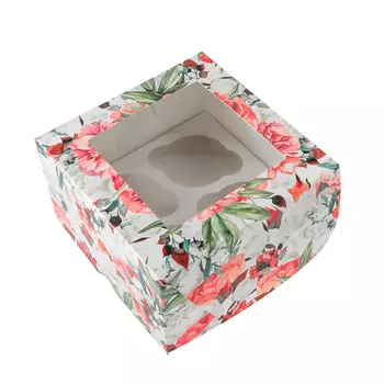 Коробка для 4 капкейков с окном "Розы"