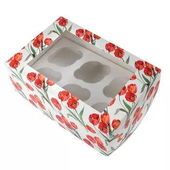 Коробка для 6 капкейков с окном "Красные тюльпаны"