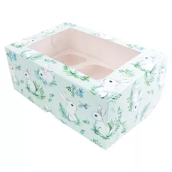 Коробка для 6 капкейков с окном "Зайчики"