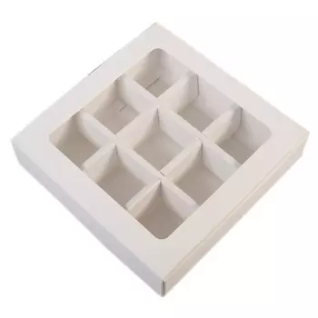 Коробка для 9 конфет с разделителями, белая с окном