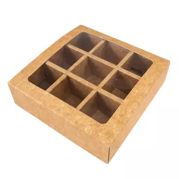 Коробка для 9 конфет с разделителями, крафт с окном