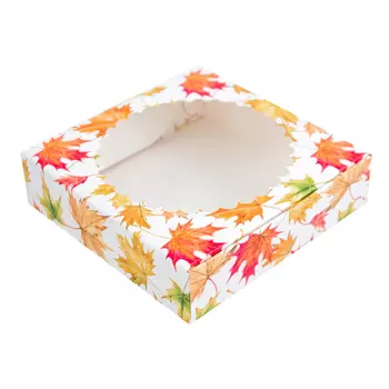 Коробка для печенья 12*12*3 см с окном "Кленовый лист"