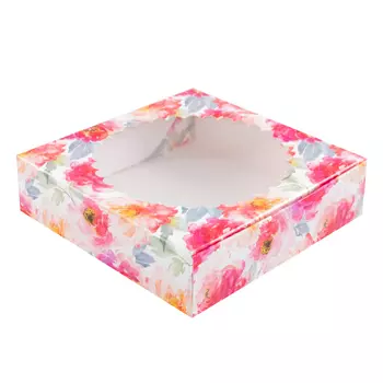 Коробка для печенья 12*12*3 см с окном "Пионы акварельные"