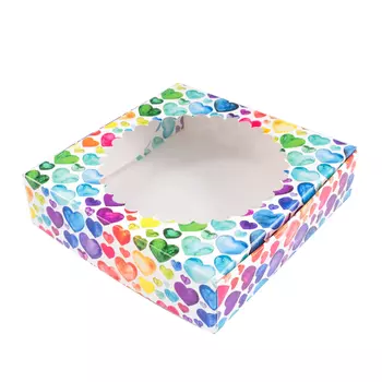 Коробка для печенья 12*12*3 см с окном "Разноцветные сердечки"