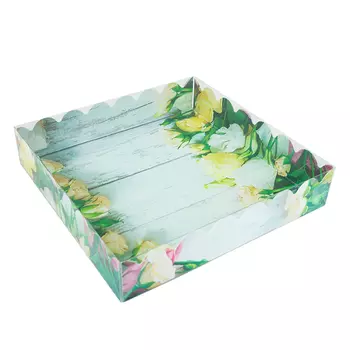 Коробка для печенья 15*15*3 см "Розы на беленых досках" с прозрачной крышкой