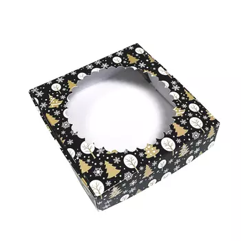 Коробка для печенья "Елки на черном" 12*12*3 см, с окном