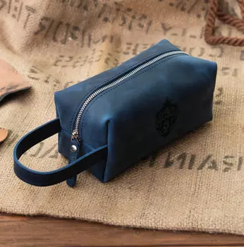 Кожаная косметичка несессер, винтажная голубика