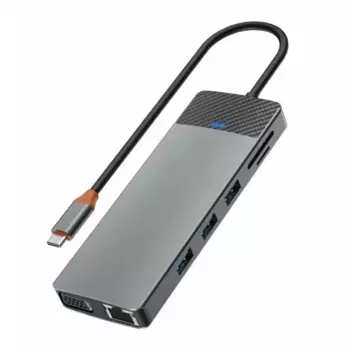 Адаптер WIWU Linker 12 в 1 USB-C HUB на 2xUSB 3.0/2xUSB 2.0/Type-C/VGA (1080P)/2xHDMI/SD/TF/LAN (Grey)