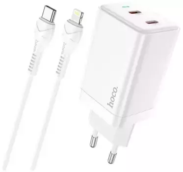 Сетевое зарядное устройство Hoco (N23) GaN 45W 2хType-C+кабель Type-C/Lightning 1m (белый)