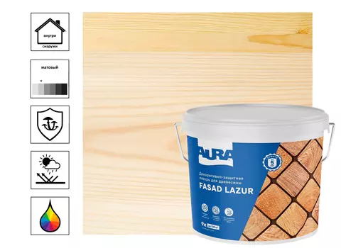 Декоративно-защитная лазурь для древесины "Aura Fasad Lazur" бесцветная 9л