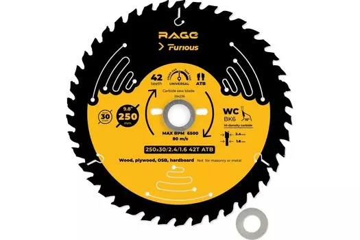 Диск пильный Universal 250мм (9 7/8”) Z42 посадка 30/25,4/20/16 RAGE Furious