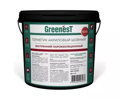 Герметик GreenesT, внутренний, паропроницаемый слой монтажного шва, белый, ведро 7 кг