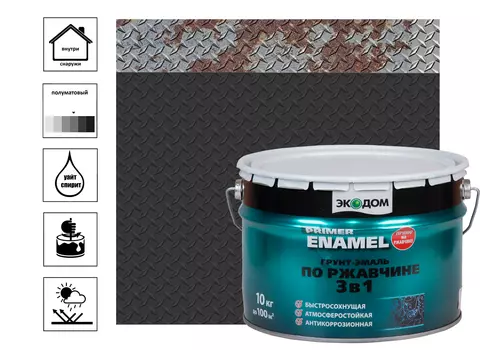 Грунт-эмаль Экодом по ржавчине 3в1, RAL 9005 черный, 10кг