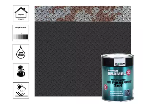 Грунт-эмаль Экодом по ржавчине 3в1, RAL 9005 черный, 0,9 кг