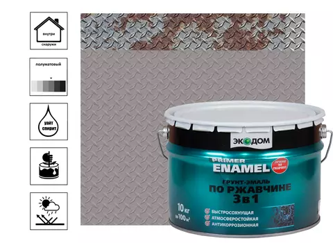 Грунт-эмаль Экодом по ржавчине 3в1, серый, 10 кг