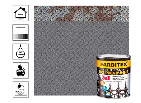 Грунт-эмаль по ржавчине 3в1 FARBITEX, серый, 1,8 кг