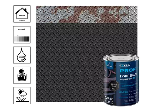 Грунт-эмаль по ржавчине 4 в 1 быстросохнущая Лакра PROF IT Черный, RAL 9005 0,8 кг