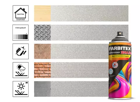 Эмаль Farbitex акриловая, аэрозоль, серебро металлик №1580, 520 мл