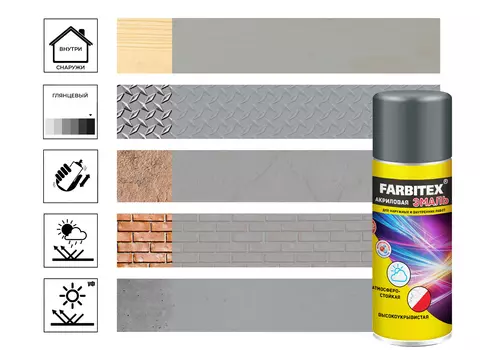Эмаль Farbitex акриловая, аэрозоль, серый сигнальный 7004, 520 мл