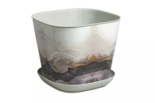 Кашпо квадратное 5,0л. декор "Мрамор" с поддоном (светло-серый)