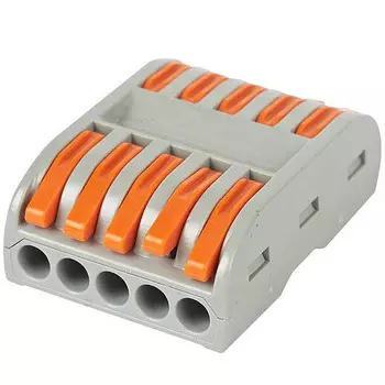 Клемма строительно-монтажная проходная СМК 222-2-415 с рычагом, 5 отверстий 0,08-2,5(4) мм2 {5 шт/уп