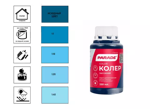 Колер водно-дисперсионный Parade Classic № 245 синий 0,25 л