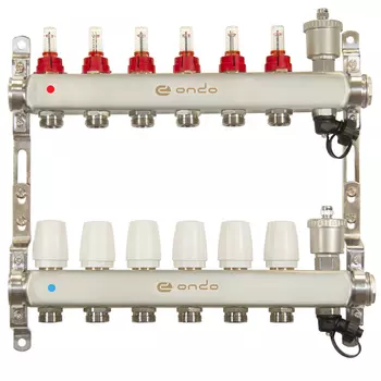 Коллекторная группа Ondo нерж сталь 6 выходов в сборе с расходомерами и термостатическими клапанами