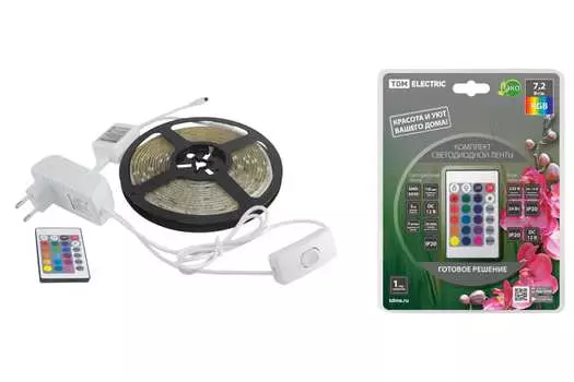 Комплект светодиодной ленты TDM SMD5050-30 LED/м-12 В-7,2 Вт/м RGB 24Вт IP20 IR-контроллер, 5 метров