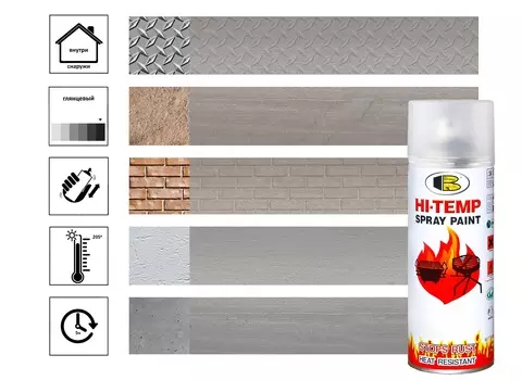 Краска-аэрозоль акриловая Bosny термостойкая, нагрев до + 205C, серебряный металлик