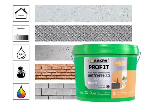 Краска акриловая интерьерная влагостойкая Лакра PROF IT база А 14 кг