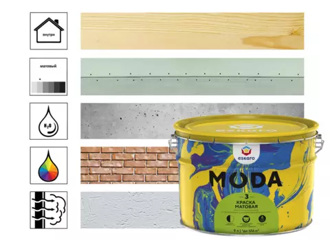 Краска для стен и потолков Eskaro Moda 3 9л, база А, белый