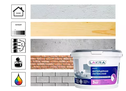 Краска интерьерная латексная влагостойкая Лакра белоснежная 3кг